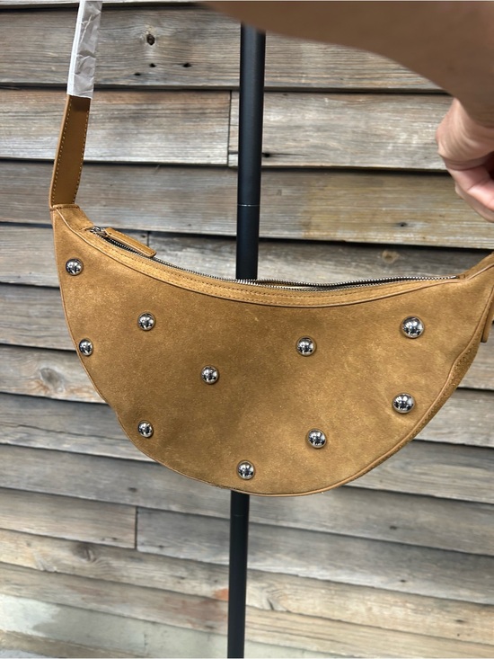 Madewell Handbags - Madewell Suede Crescent Bag in Camel with Silver Studs